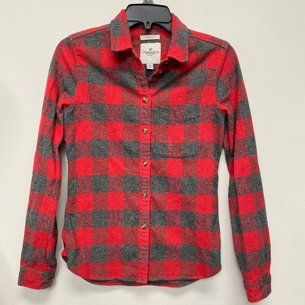American Eagle Outfitters Womens XS Slim Fit Red Gray Plaid Flannel Shirt